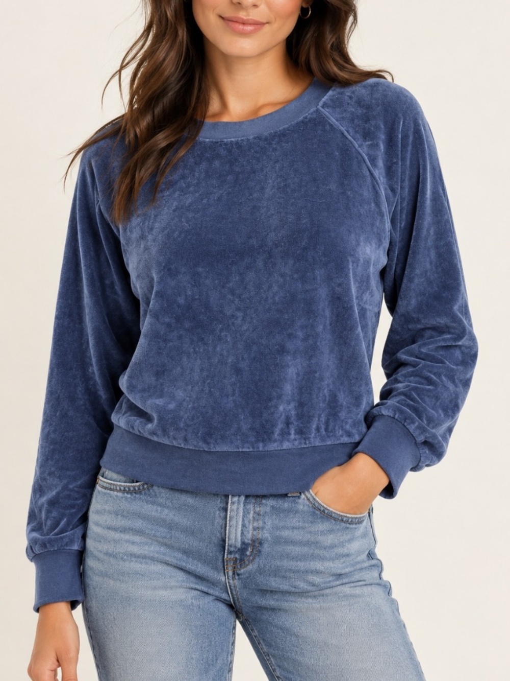 Suzi Kondi Navy NWT Women's XS Velour Cropped Crewneck Top LS Sweatshirt